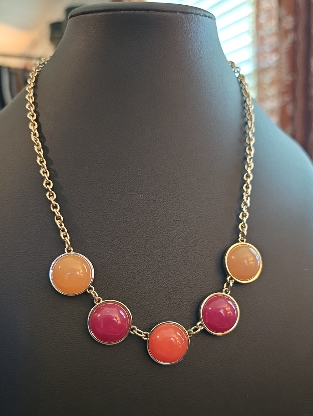 Gold-Tone Multi-Color Cabochon Necklace - Pink & Orange